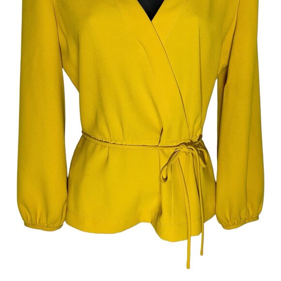 J Crew Top Women 2 Yellow Faux Wrap Draped Crepe V-Neck Long Sleeve Shirt Preppy - Picture 6 of 11